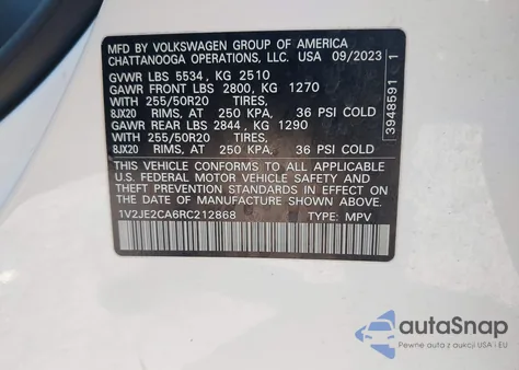 2024 Volkswagen Atlas Cross Sport 2.0T Se W/Technology z USA, uszkodzony, nr VIN 1V2JE2CA6RC212868